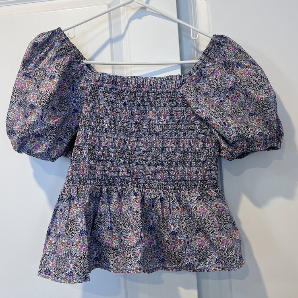 J. Crew Floral Smocked Peplum Puff-Sleeve Top in Blue and Purple